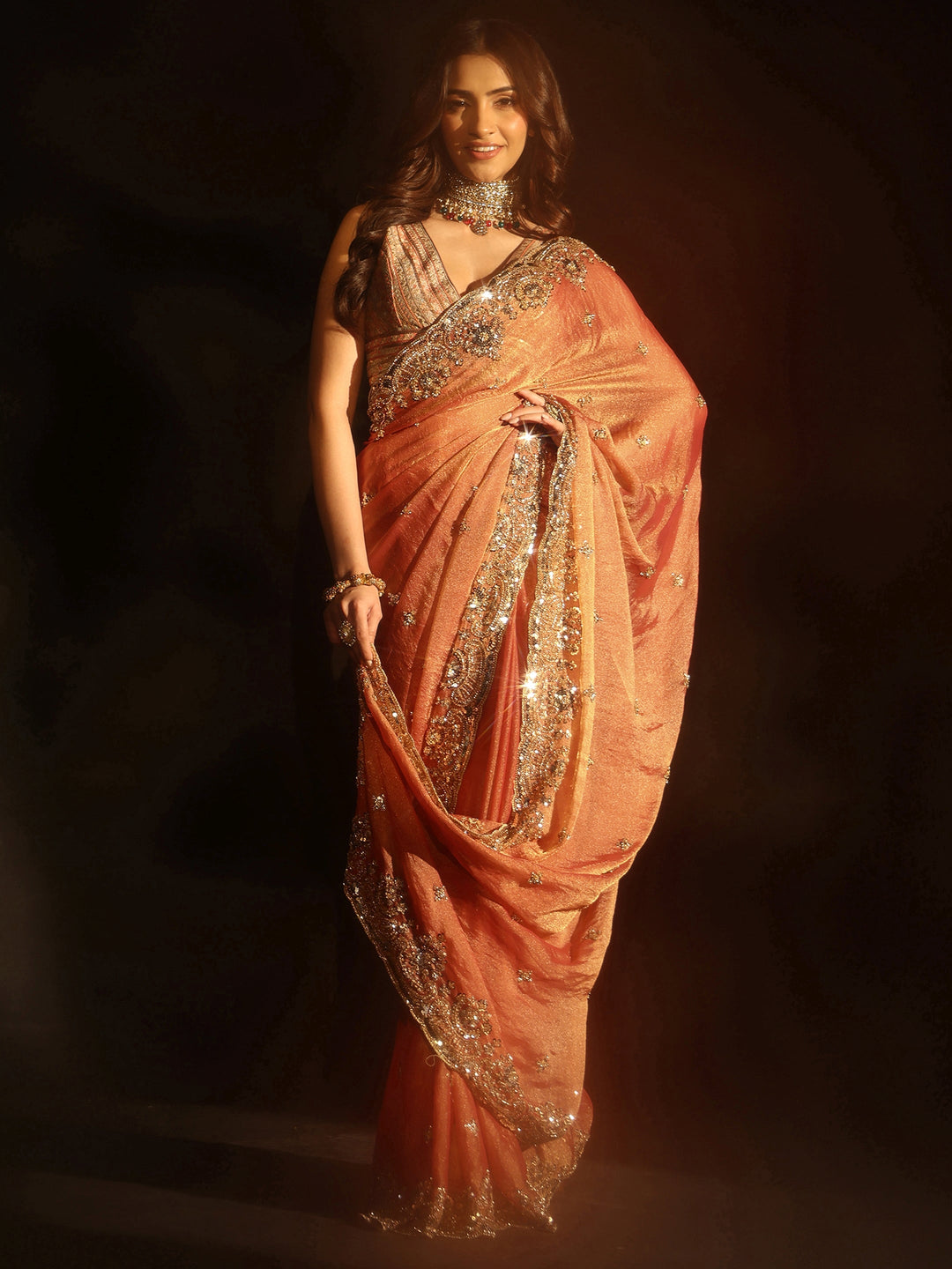Libas Peach Floral Embellished Tissue Saree