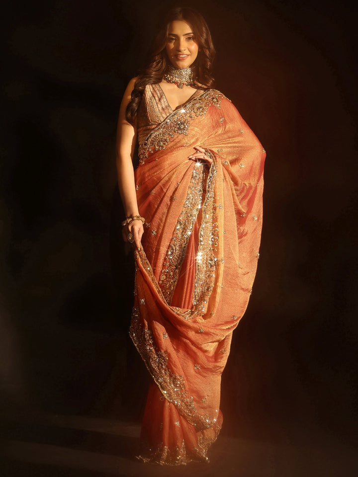 Libas Peach Floral Embellished Tissue Saree