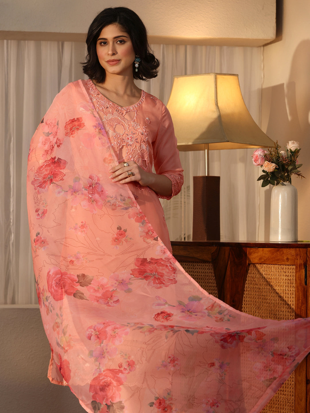 Libas Peach Floral Embroidered Organza Straight Suit Set