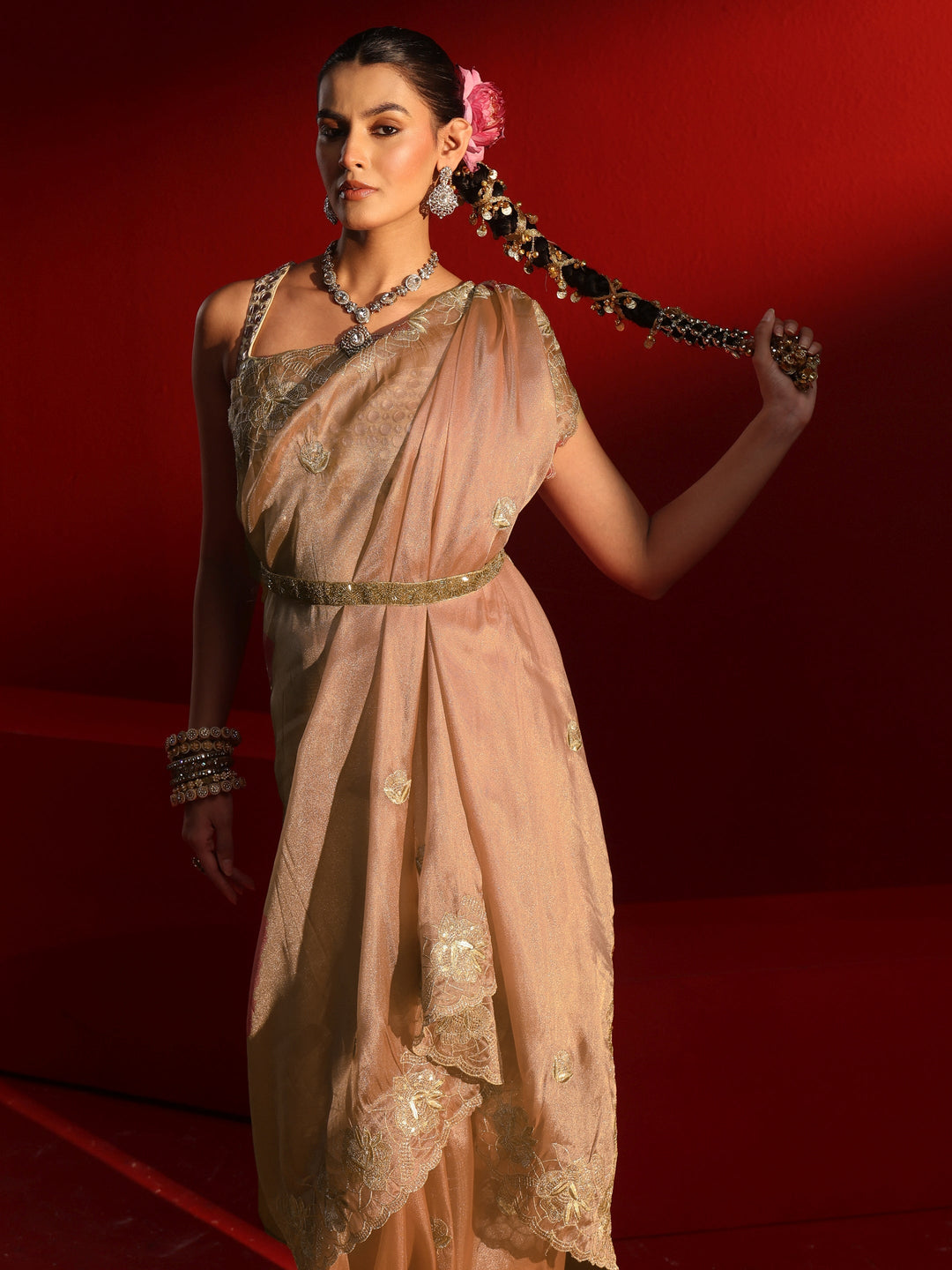 Libas Peach Floral Embroidered Sequinned Tissue Saree