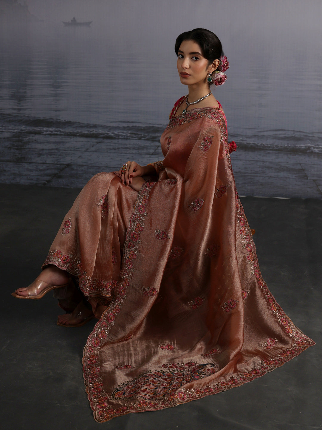 Libas Peach Floral Embroidered Tissue Saree