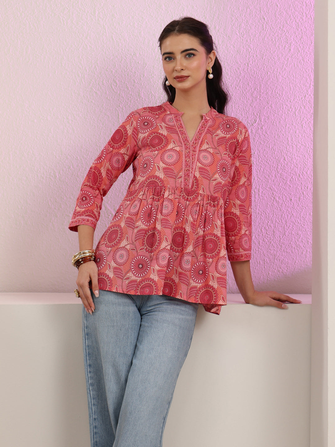 Libas Peach Floral Printed Cotton A-Line Pleated Top