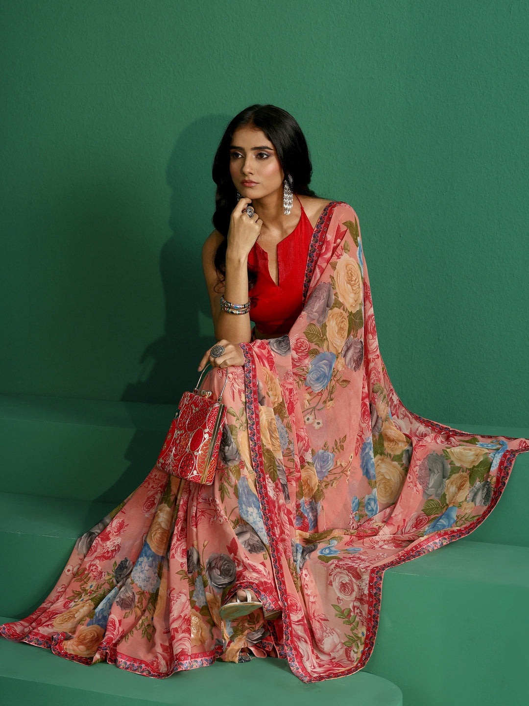 Libas Peach Floral Printed Georgette Saree