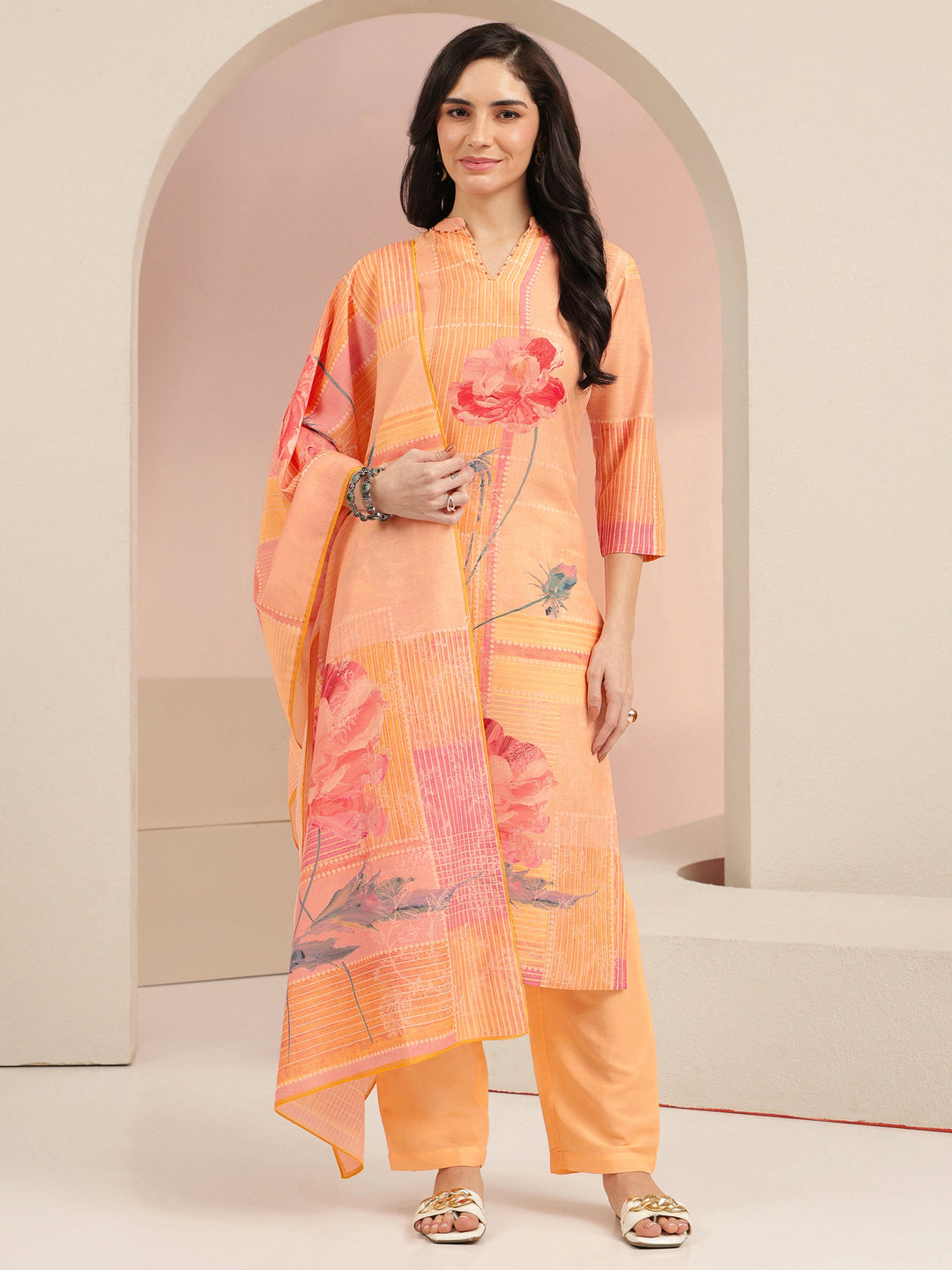Libas Peach Floral Printed Muslin Straight Suit Set