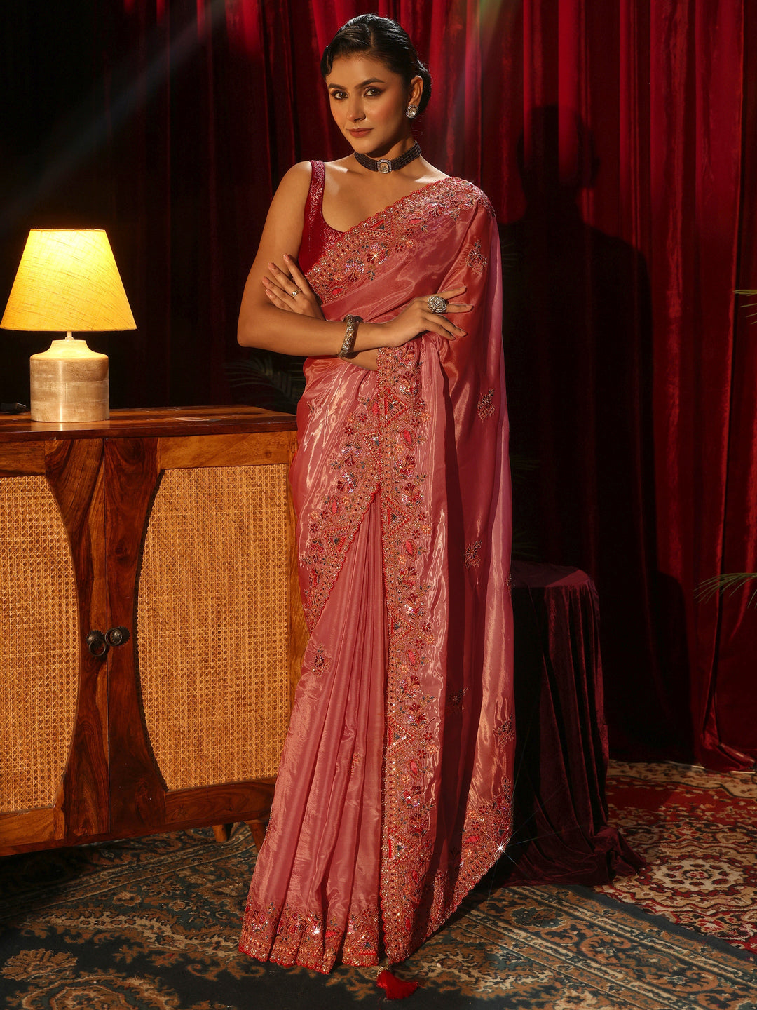 Libas Peach Floral Satin Saree with Embroidered Border