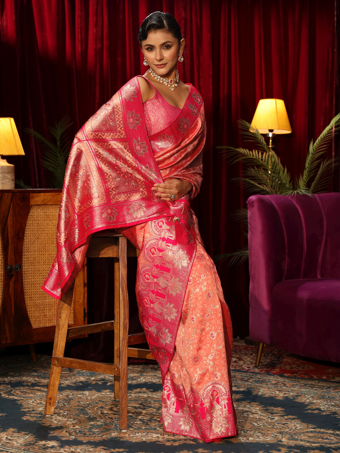 Libas Peach Floral Woven Design Embellished Silk Blend Saree