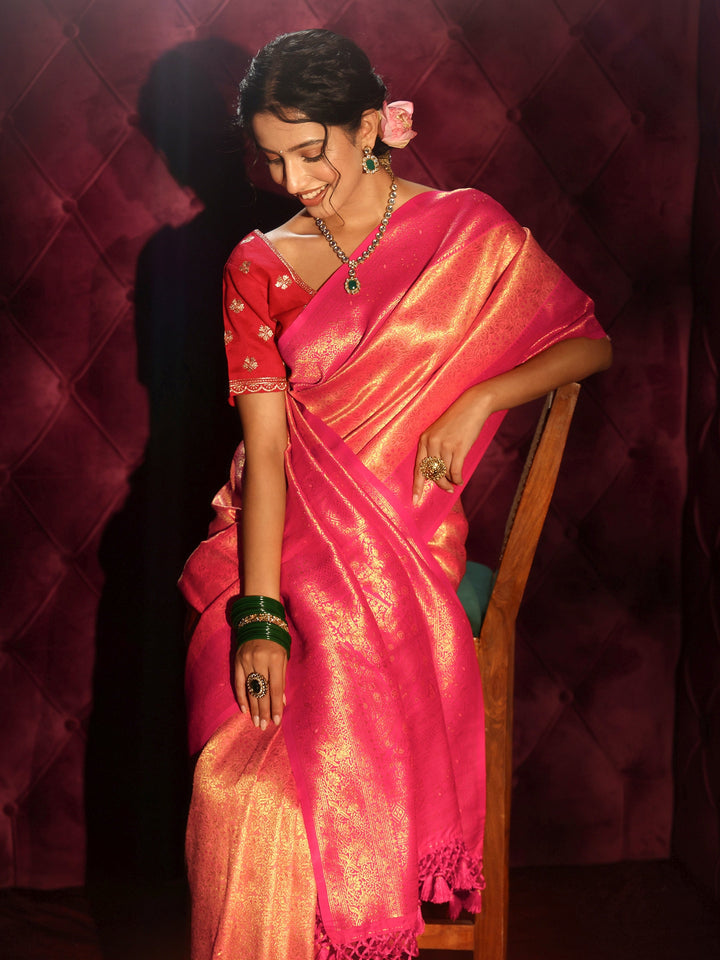Libas Peach Floral Woven Design Silk Blend Tassel Saree