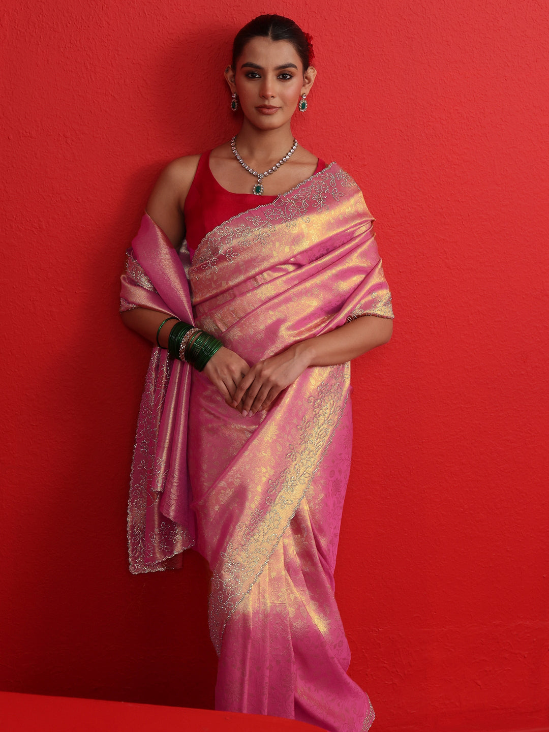 Libas Peach Floral Woven Design Silk Saree with Embellished Border