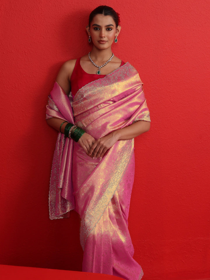 Libas Peach Floral Woven Design Silk Saree with Embellished Border
