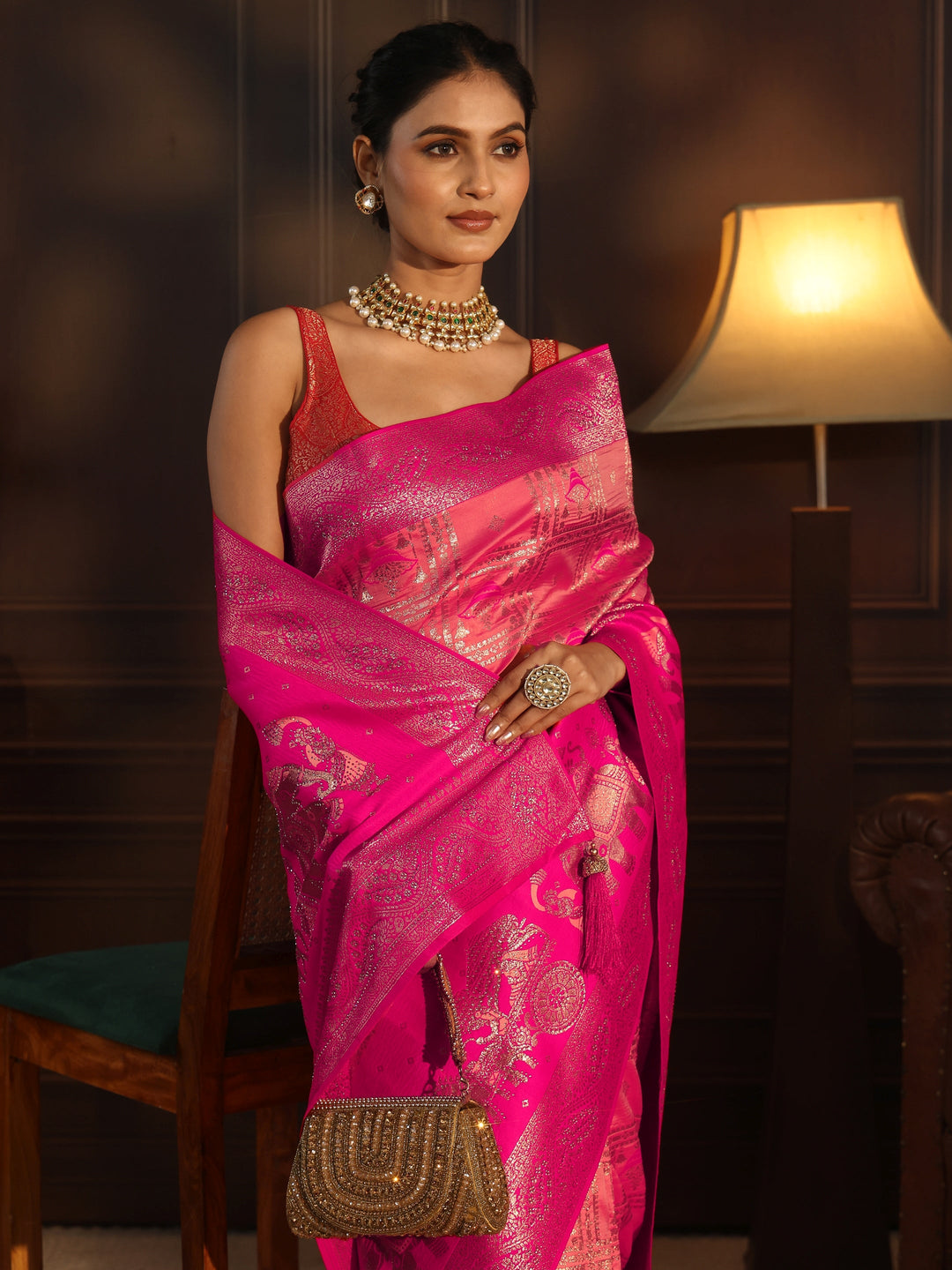 Libas Peach Mughal Style Woven Design Brocade Saree