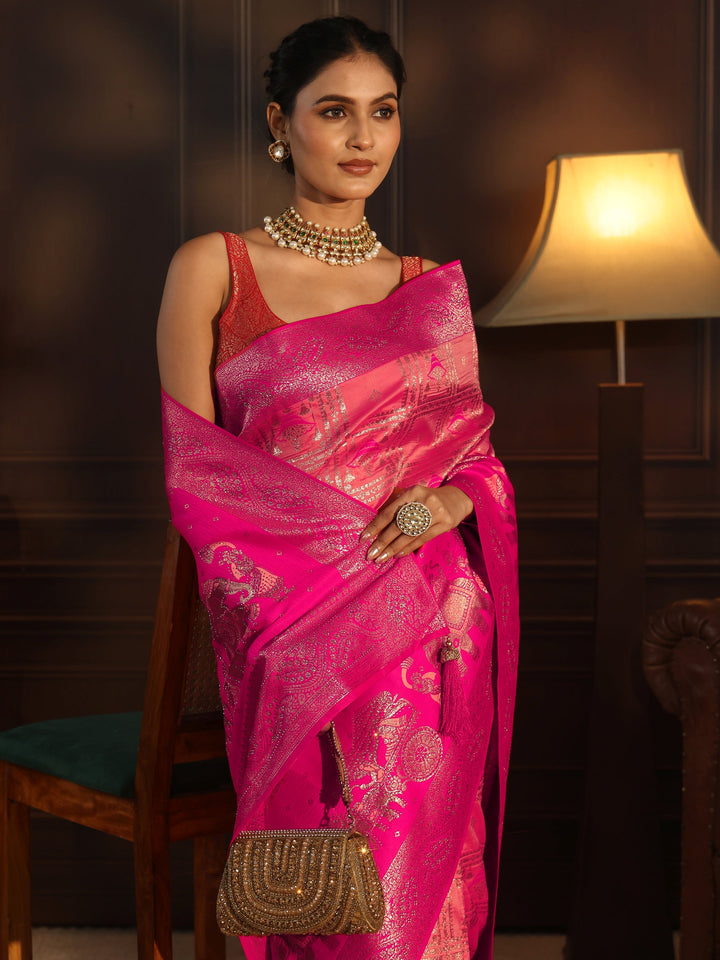 Libas Peach Mughal Style Woven Design Brocade Saree