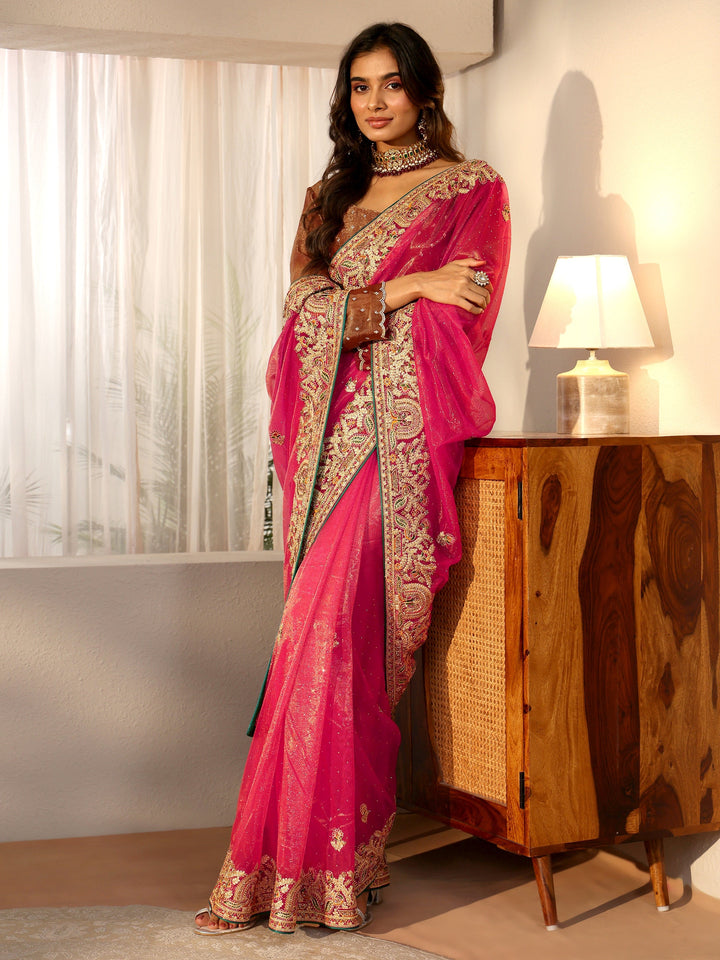 Libas Peach Net Saree with Embroidered Border
