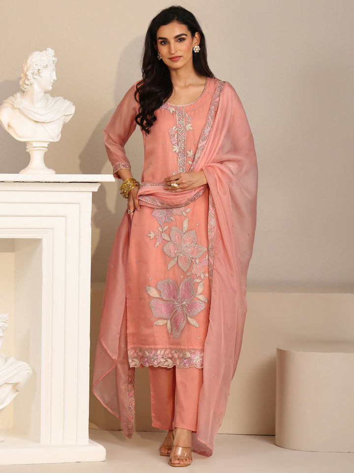 Libas Peach Orange Floral Embellished Tissue Straight Suit Set
