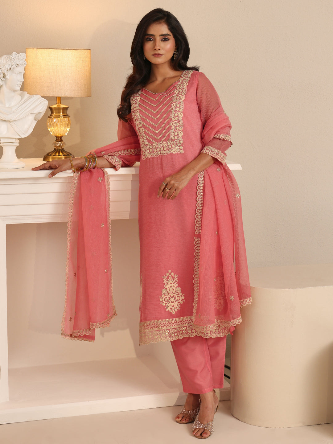 Libas Peach Orange Floral Embroidered Chiffon Straight Suit Set
