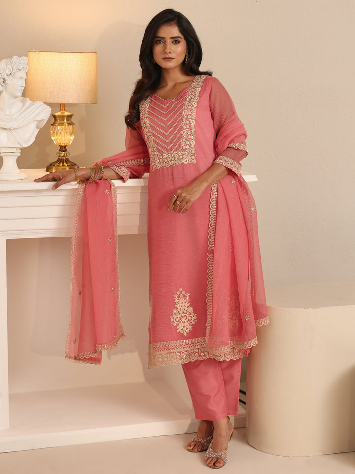 Libas Peach Orange Floral Embroidered Chiffon Straight Suit Set