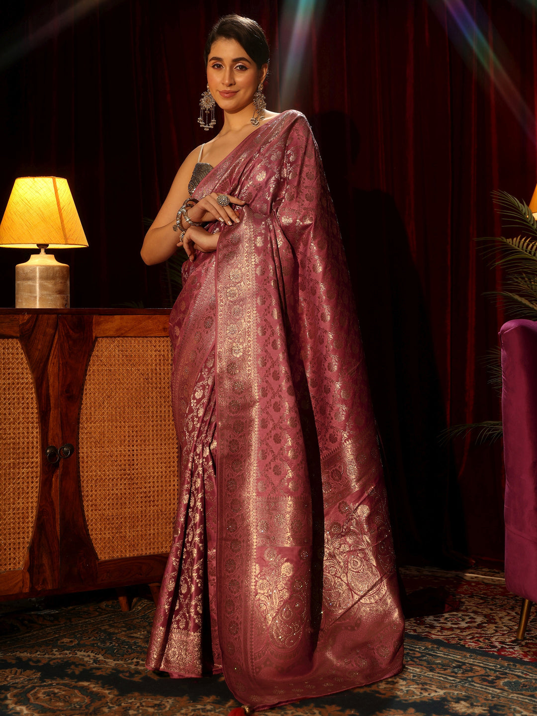 Libas Peach Pink Embellished Floral Designs Brocade Saree
