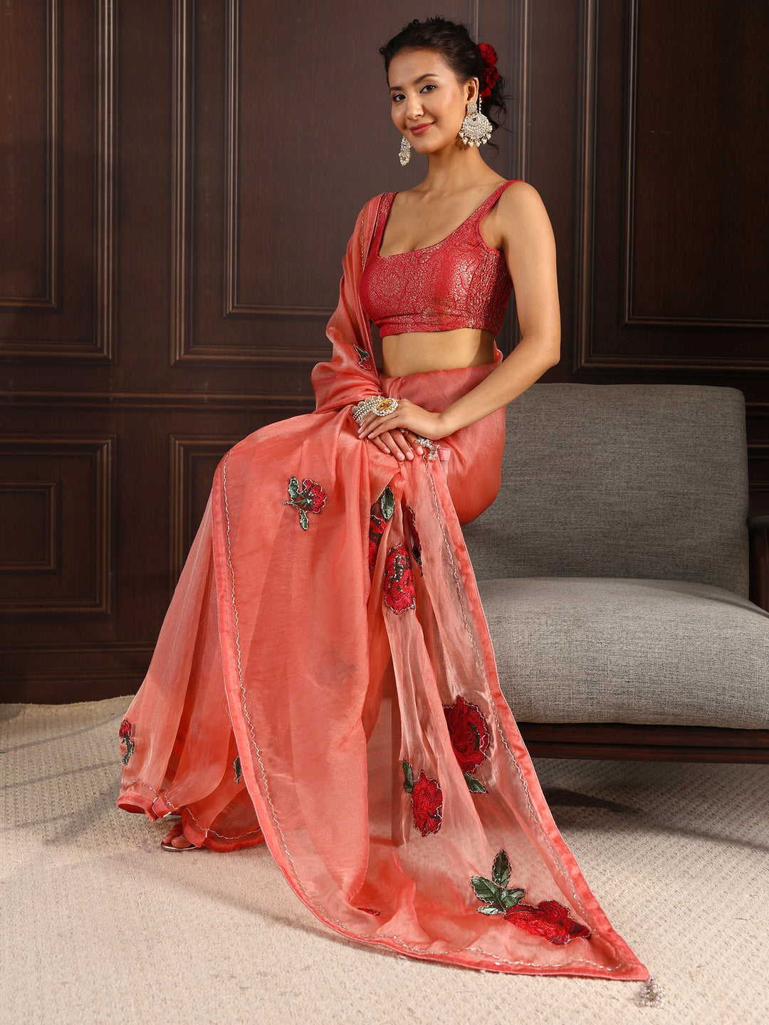 Libas Peach Pink Embellished Organza Saree with Applique Work