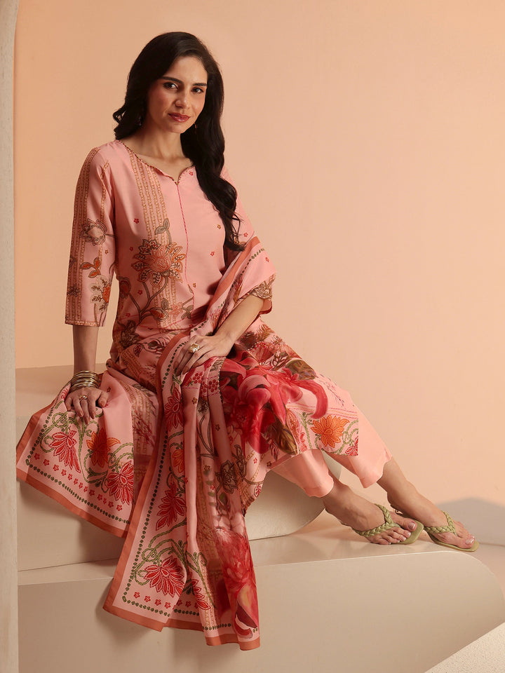Libas Peach Pink Floral Printed Muslin Straight Suit Set