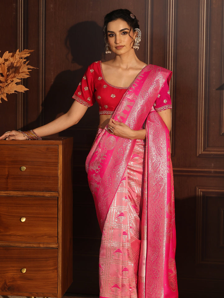 Libas Peach Pink Mughal Style Woven Design Brocade Saree