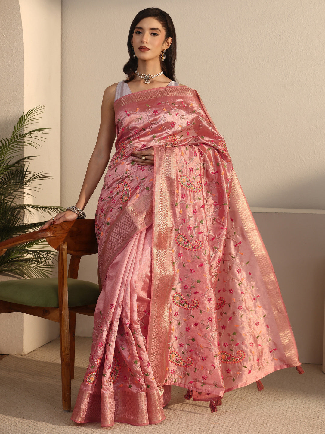 Libas Peach Pink Paisley Embroidered Silk Blend Tassel Saree