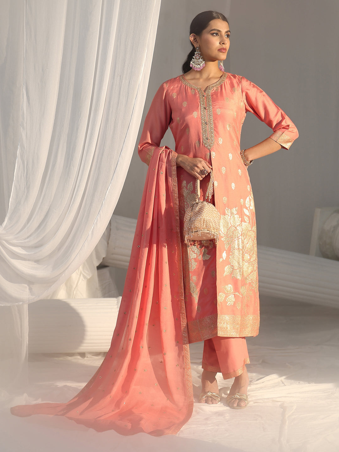 Libas Peach Pink Woven Design Front Slit Silk Blend Straight Suit Set