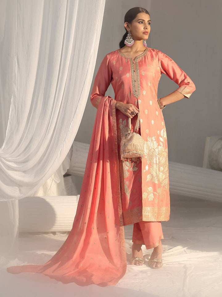 Libas Peach Pink Woven Design Front Slit Silk Blend Straight Suit Set
