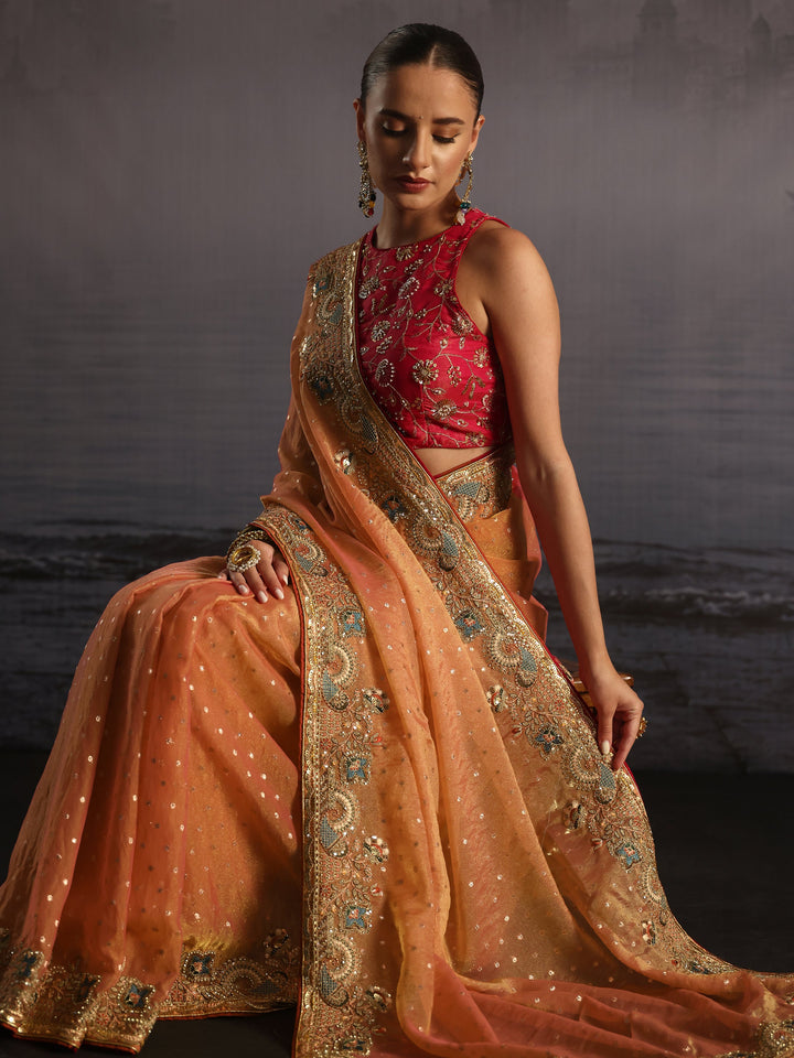 Libas Peach Pink Woven Design Tissue Saree with Embroidered Border