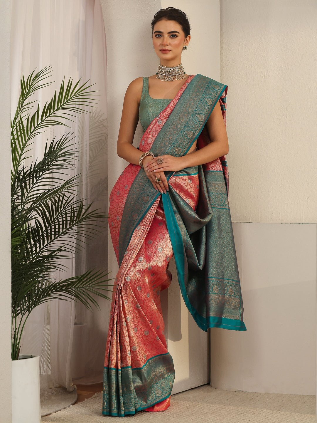 Libas Peach Pink and Blue Floral Woven Design Silk Blend Saree