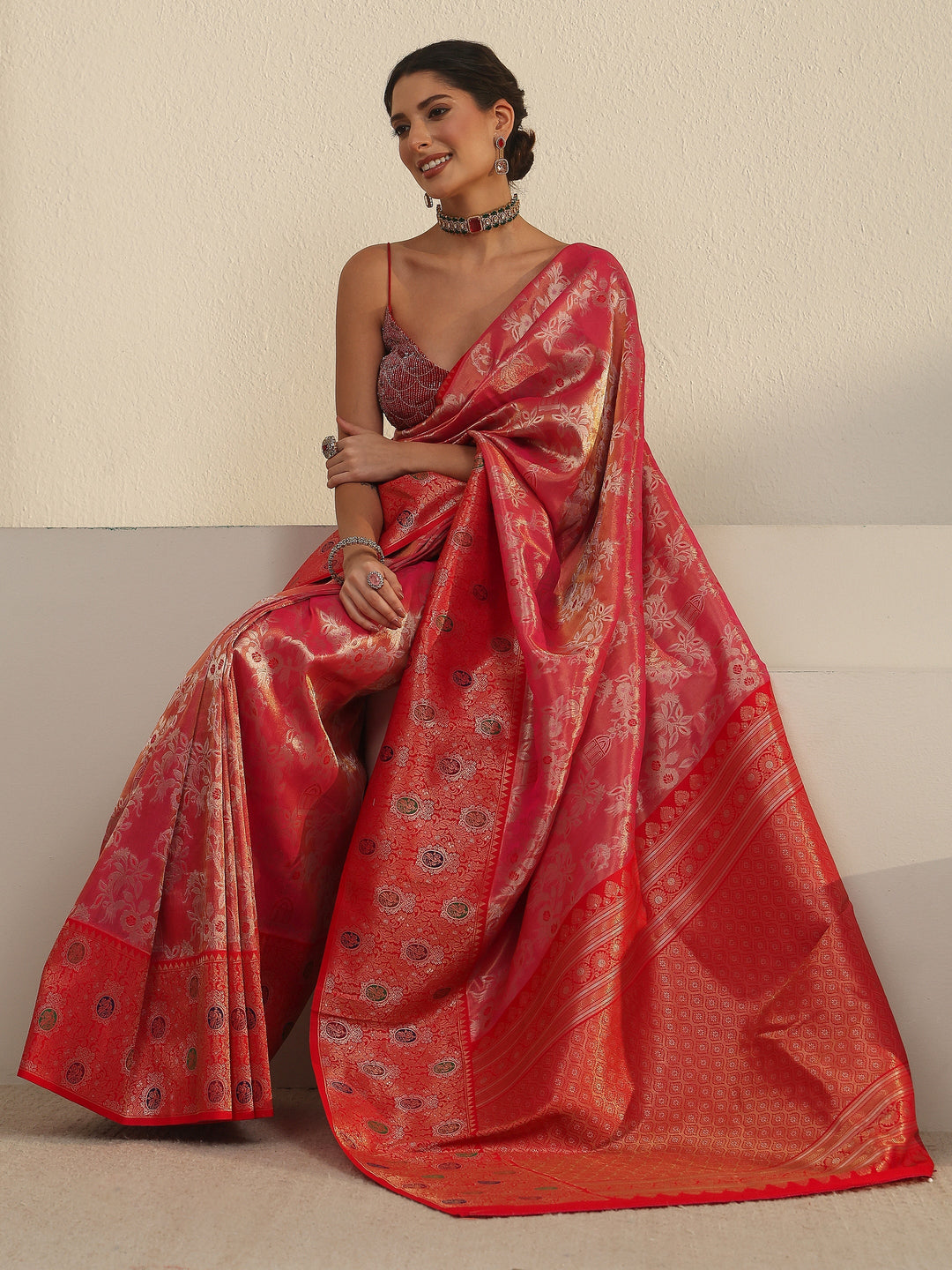 Libas Peach Pink and Red Floral Woven Design Silk Blend Saree