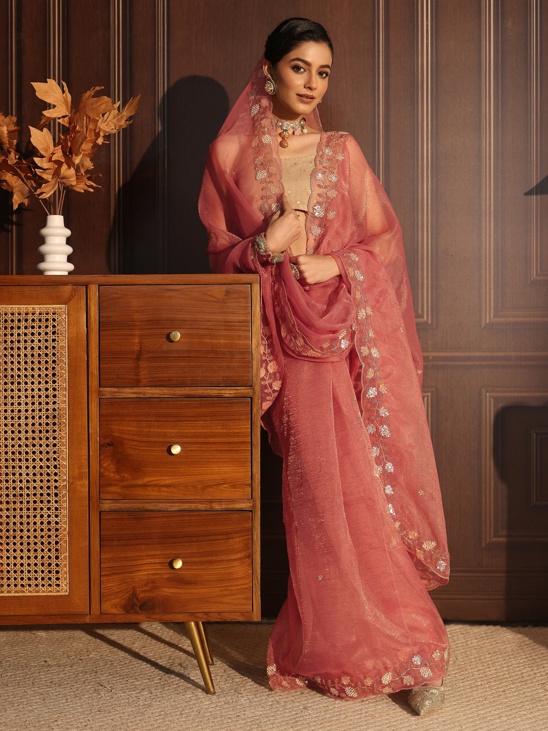 Libas Peach Tissue Saree with Floral Embellished Border