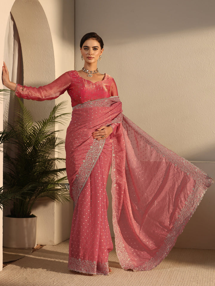Libas Peach Woven Design Tissue Saree with Floral Border