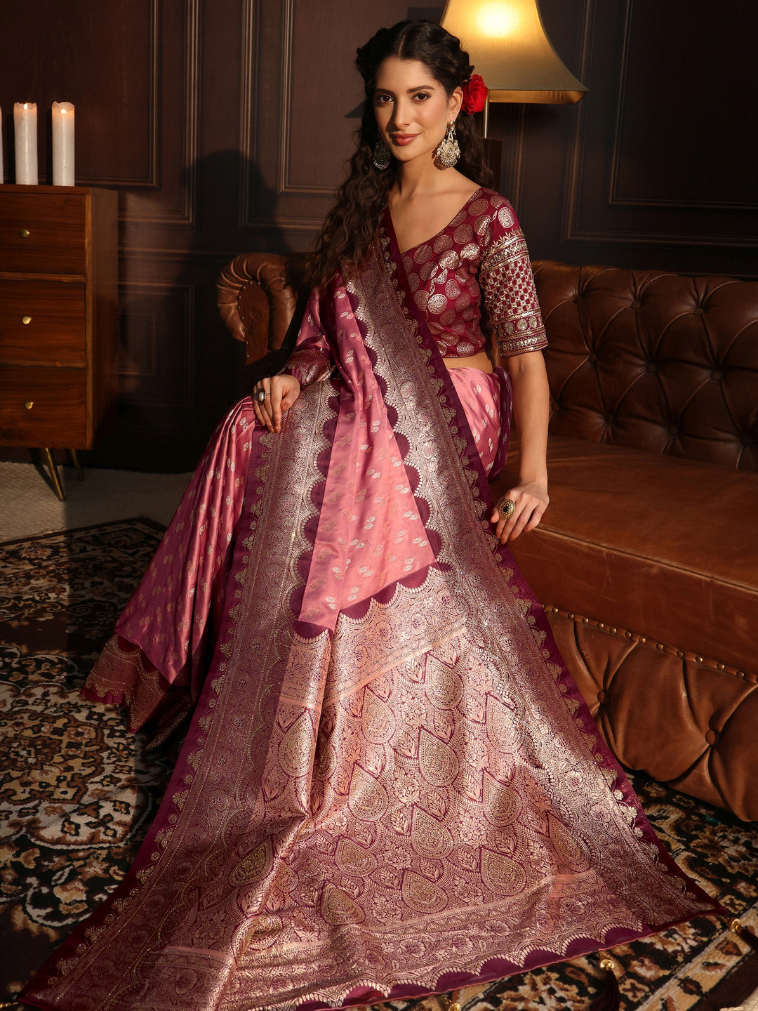 Libas Peach and Maroon Ethnic Woven Design Satin Tassel Saree