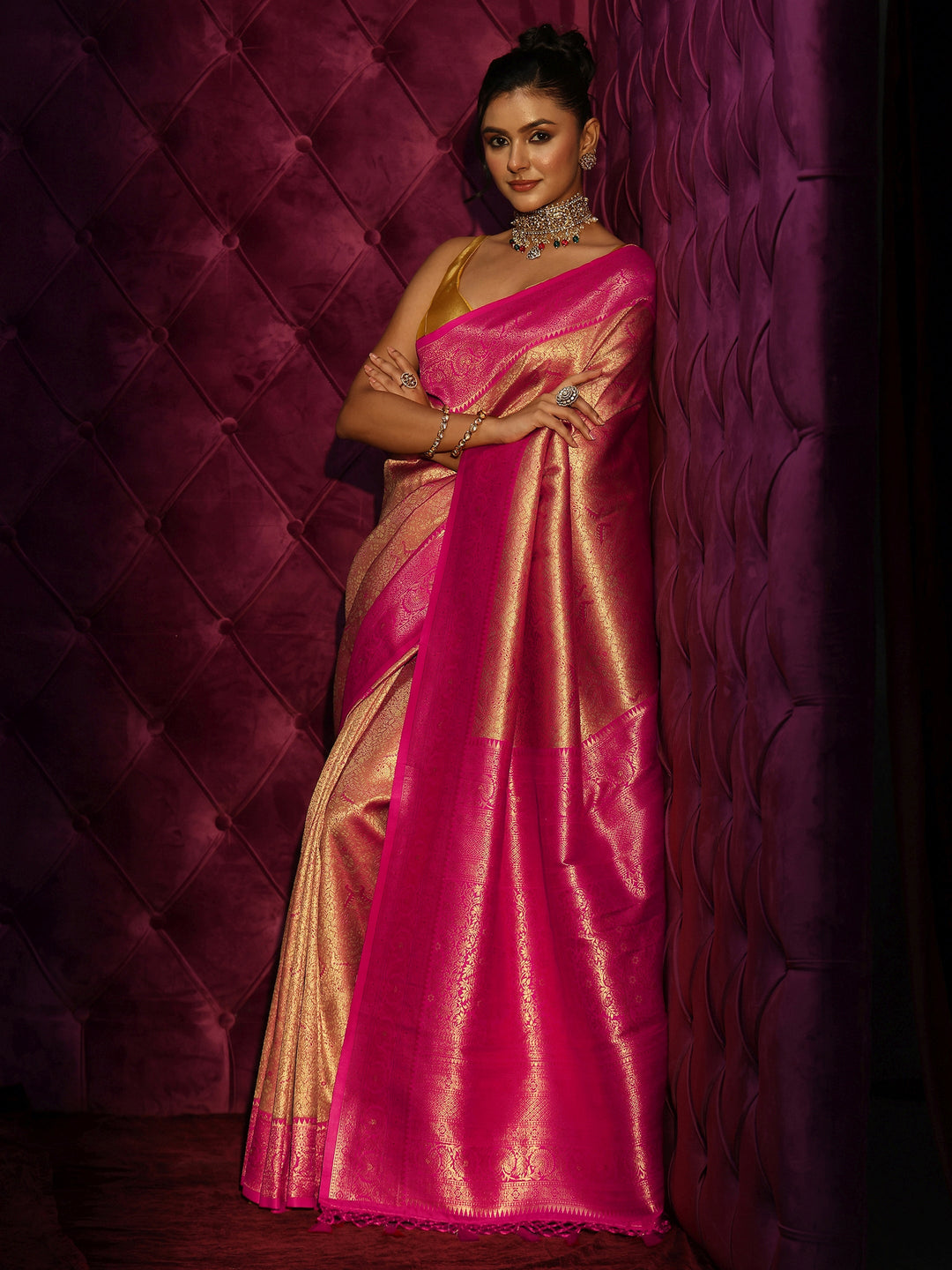 Libas Peach and Pink Banarasi Silk Blend Saree