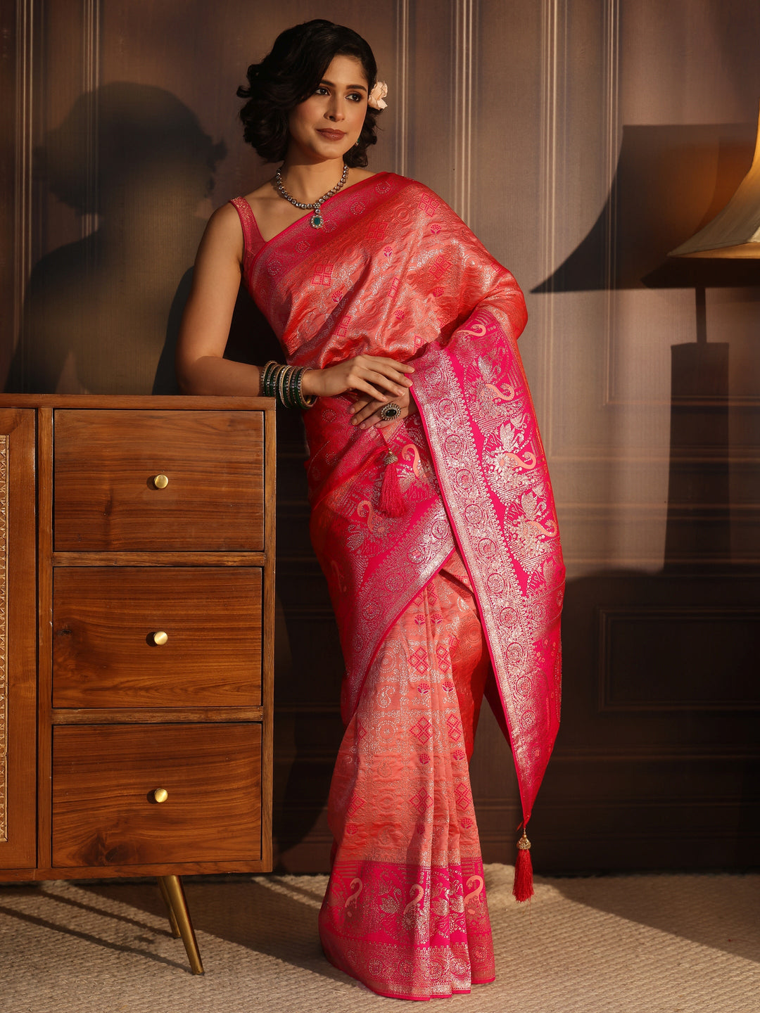 Libas Peach and Pink Woven Design Silk Blend Saree