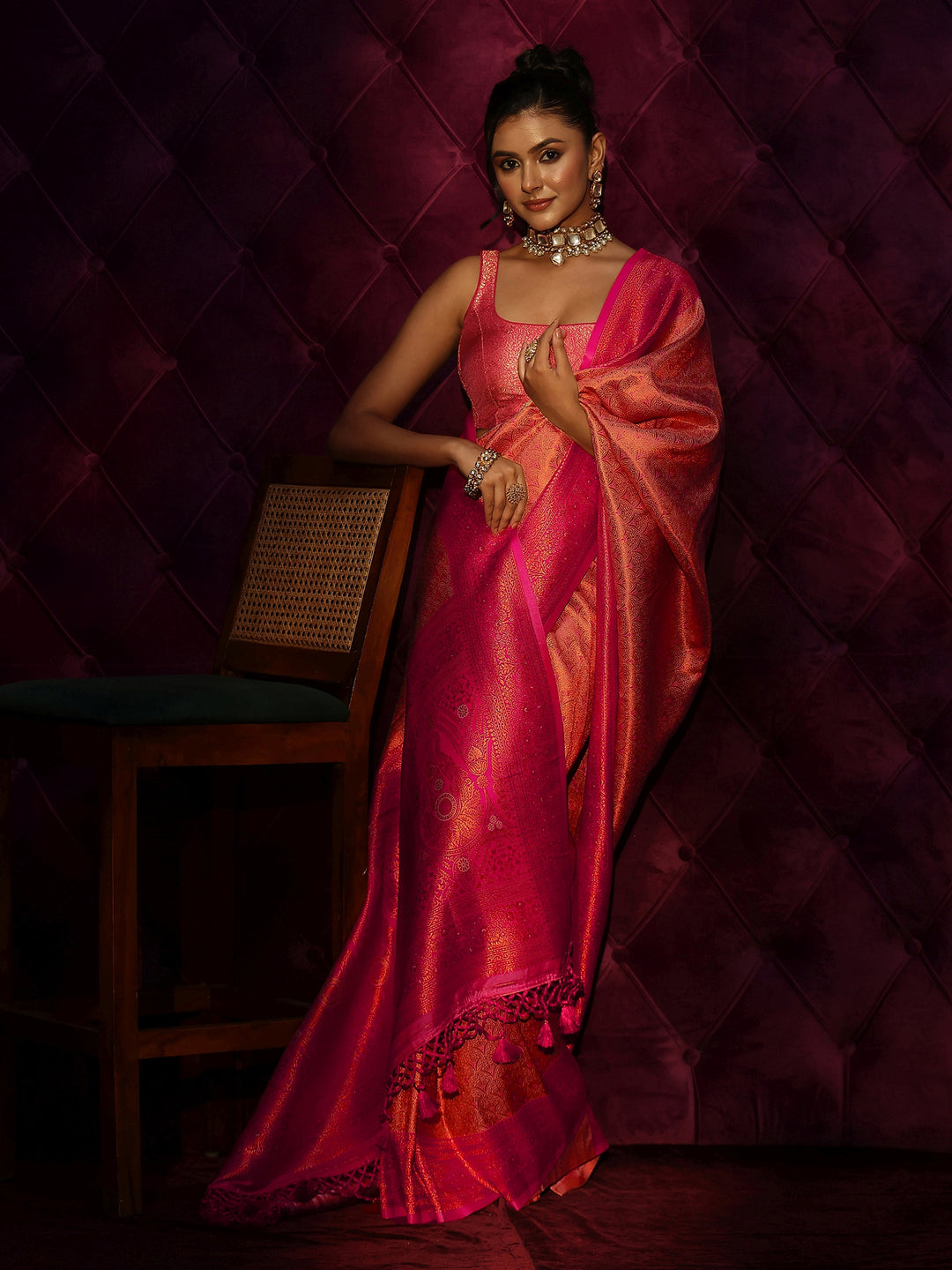 Libas Peach and Pink Woven Design Silk Blend Tassel Saree