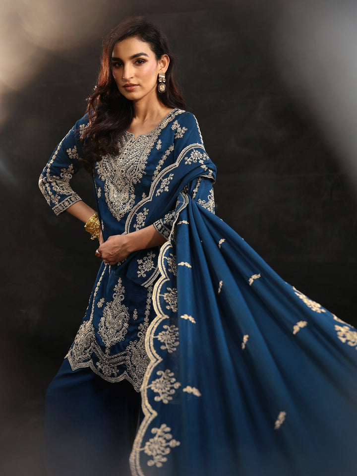 Libas Peacock Blue Embellished Chinon Short Kurta Palazzo Suit Set