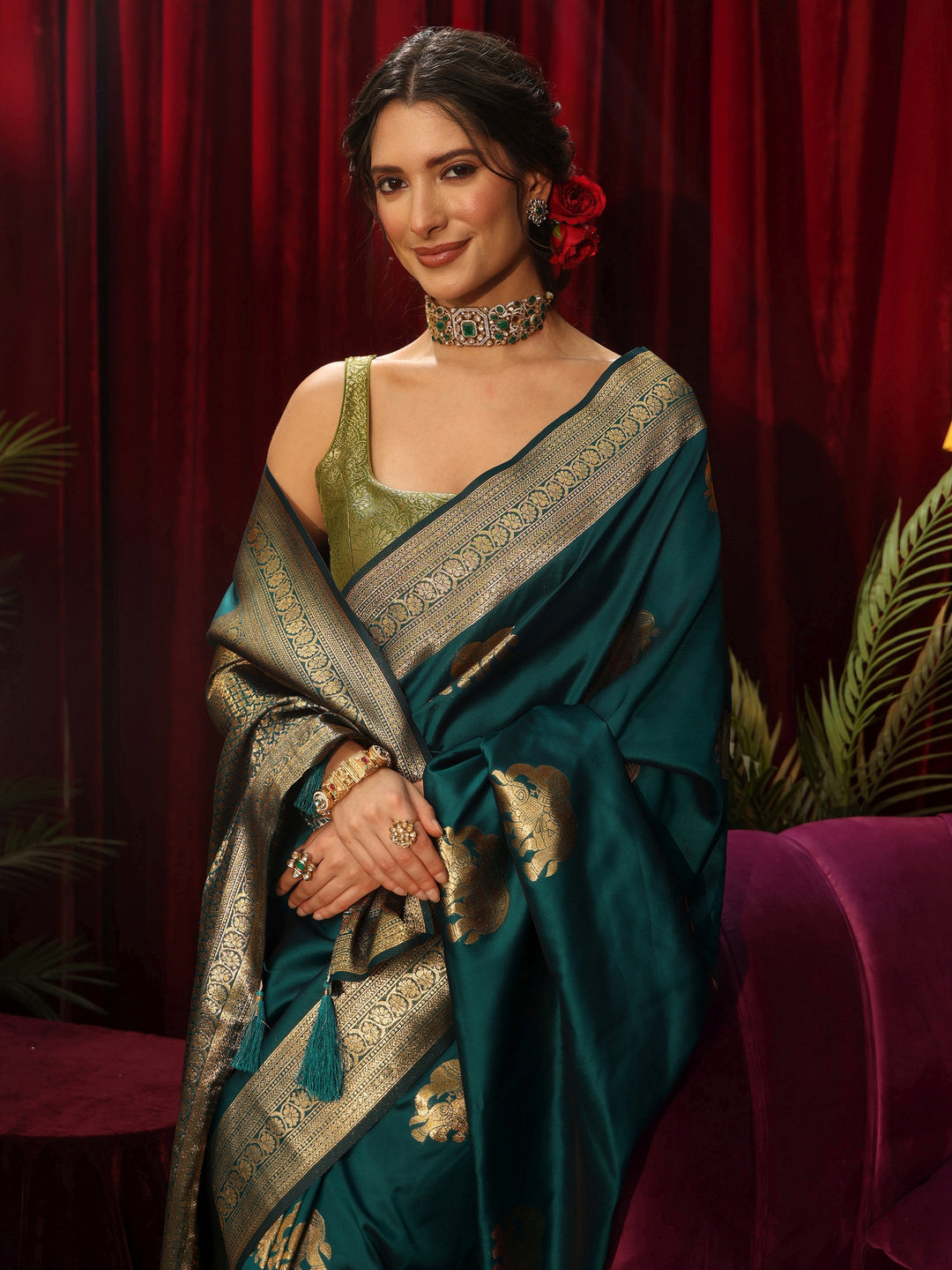 Libas Peacock Green Elephant Motif Kanjeevaram Silk Blend Saree