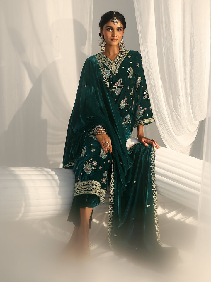 Libas Peacock Green Floral Embroidered Velvet Straight Suit Set
