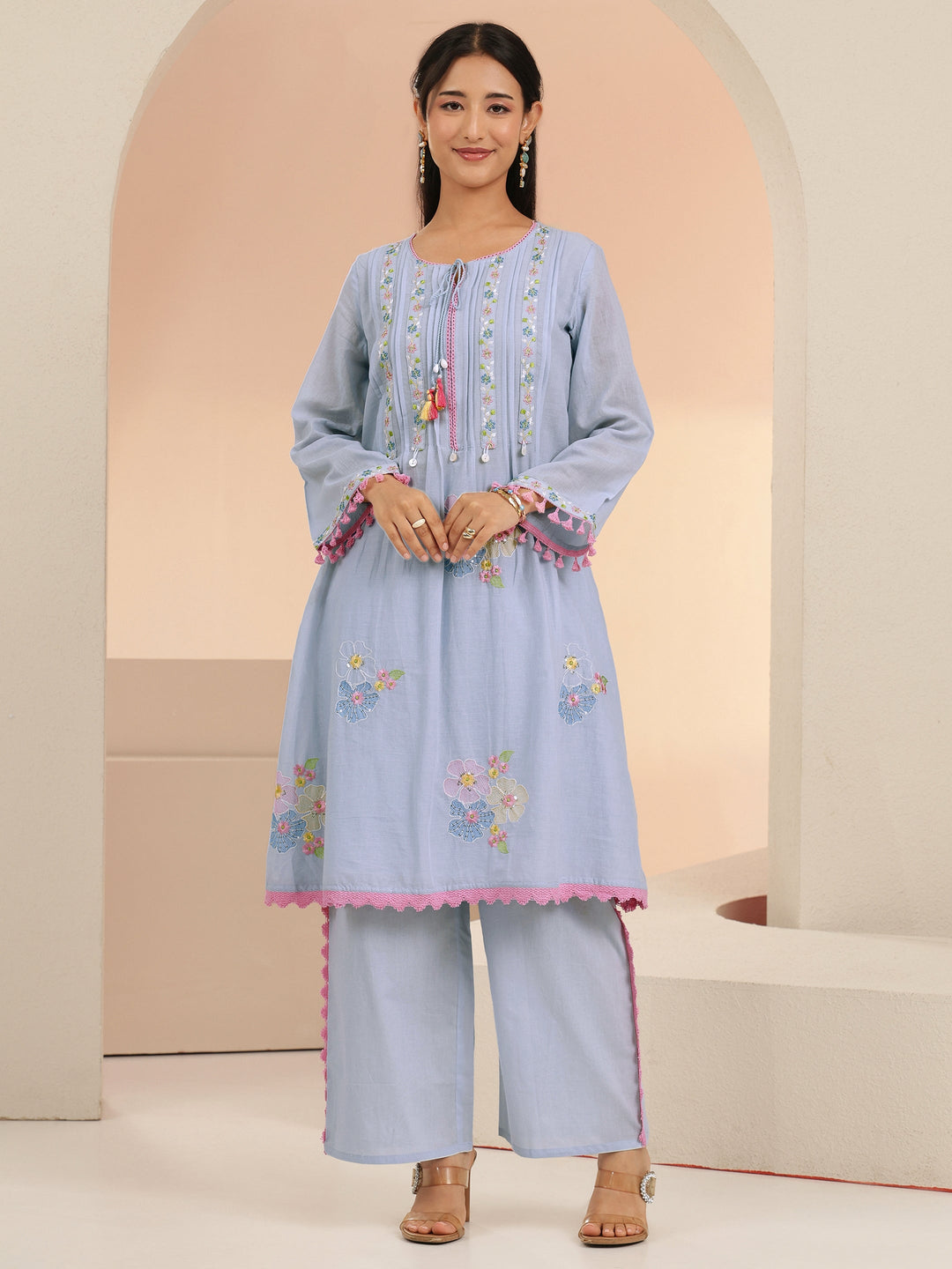 Libas Periwinkle Blue Floral Embroidered Cotton A-Line Kurta Set