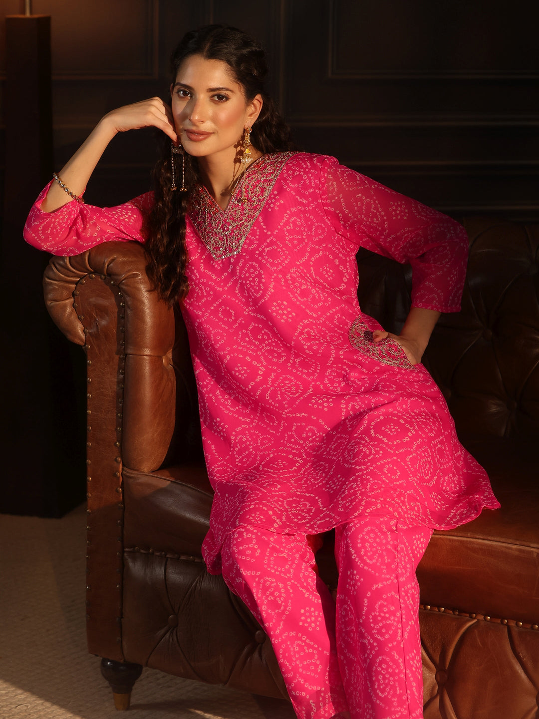 Libas Pink Bandhani Printed Chiffon Co-Ord Set