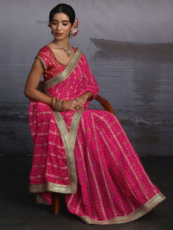 Libas Pink Bandhani Printed Chiffon Saree