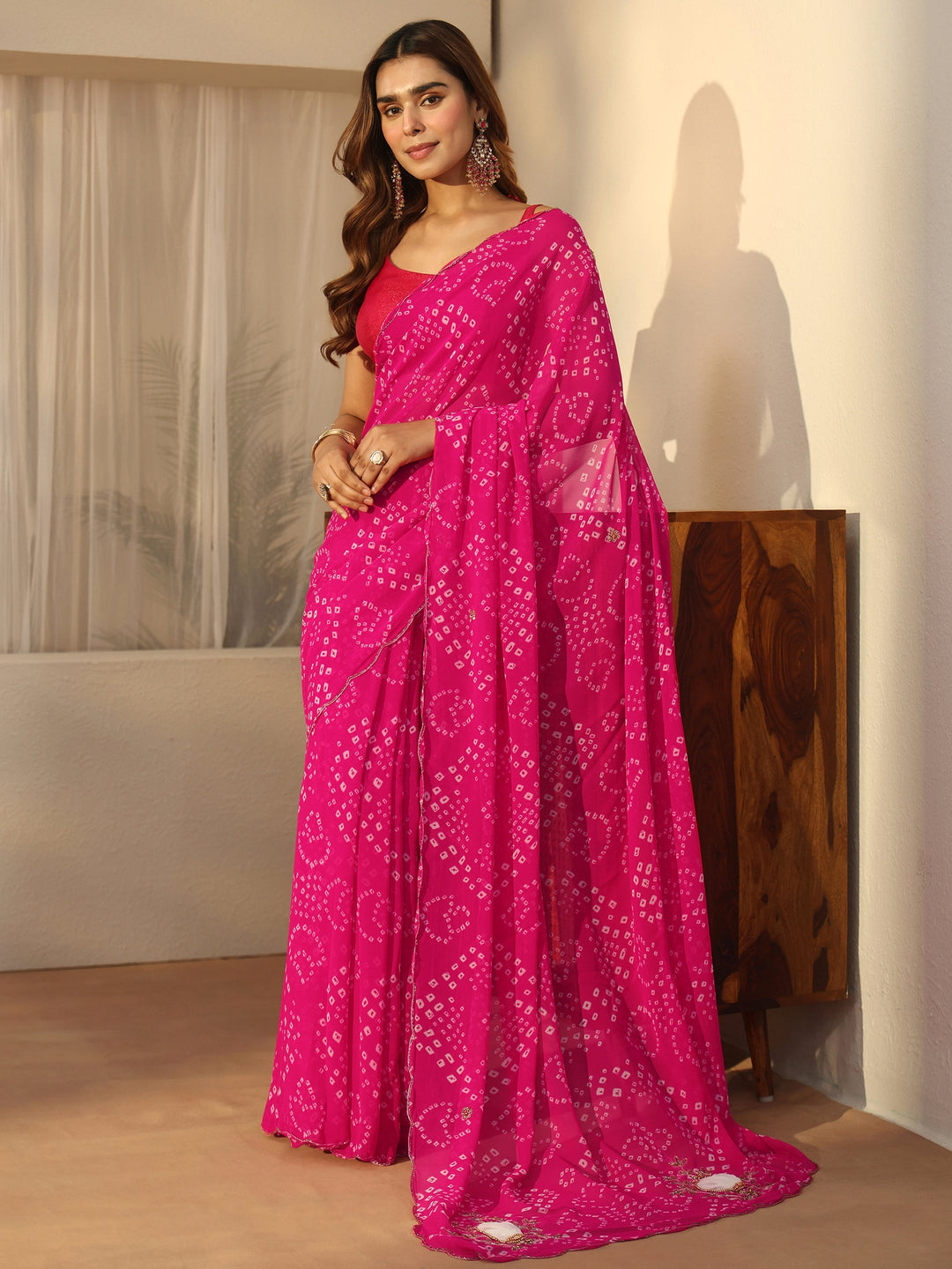 Libas Pink Bandhani Printed Chiffon Saree with Applique Design
