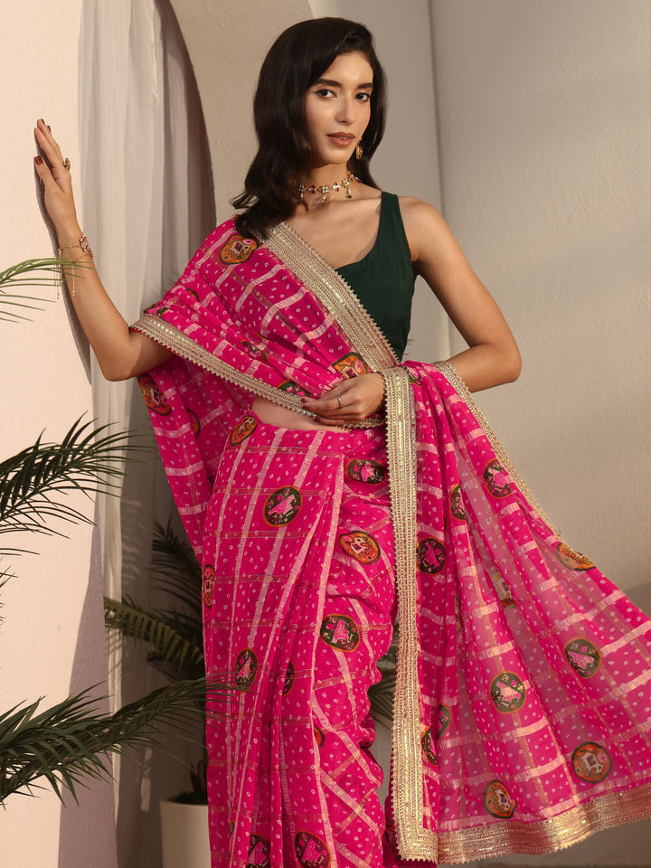 Libas Pink Bandhani Printed Chiffon Saree with Gotta Patti Border