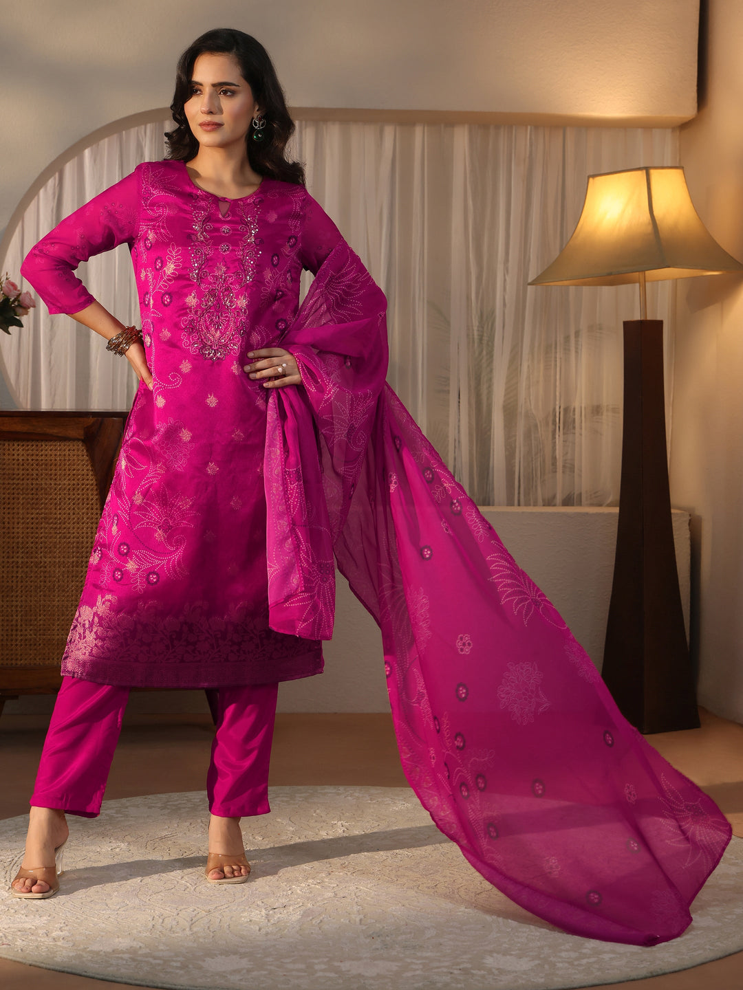 Libas Pink Bandhani Printed Organza Straight Suit Set