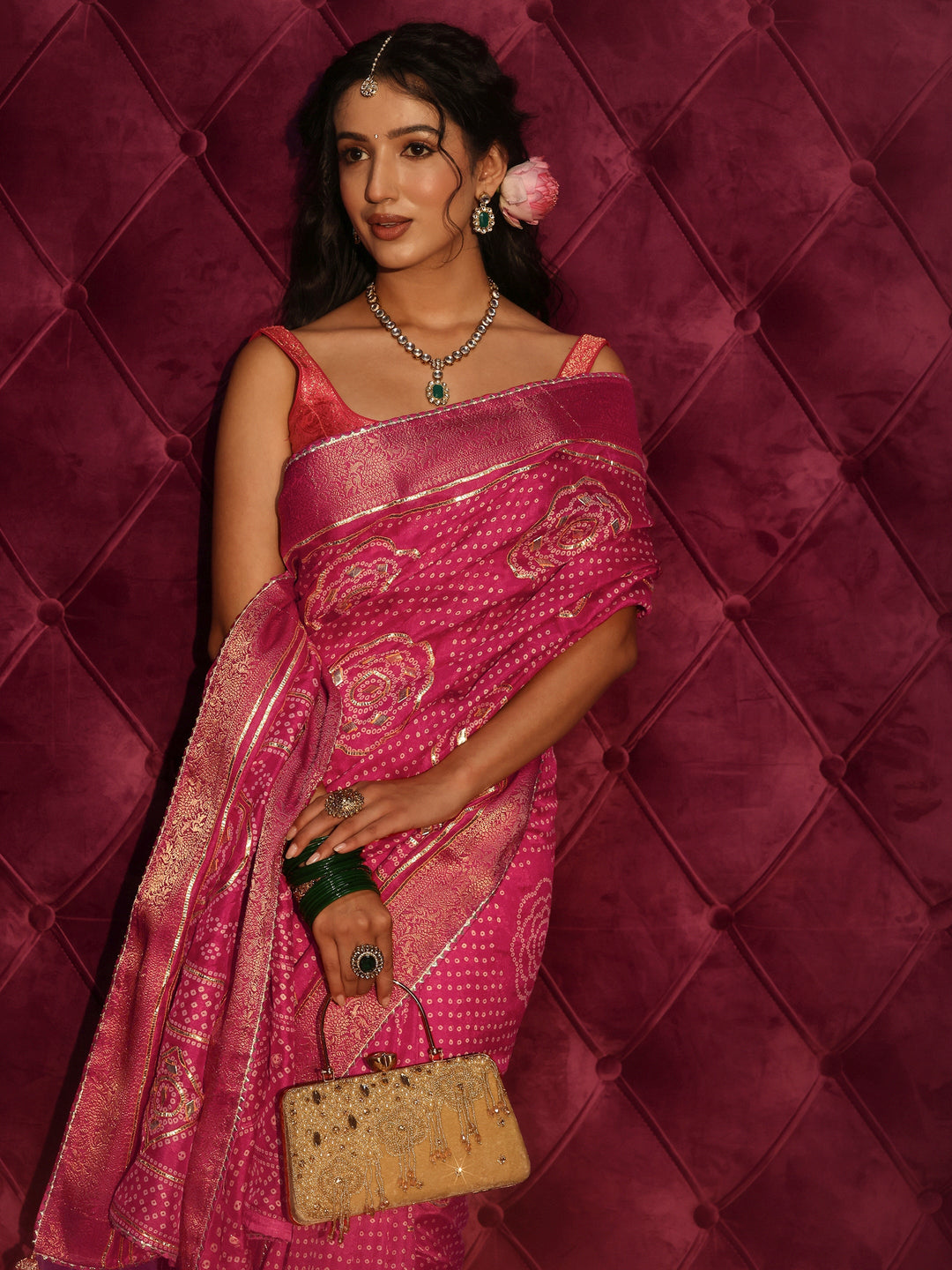 Libas Pink Bandhani Printed Silk Blend Saree