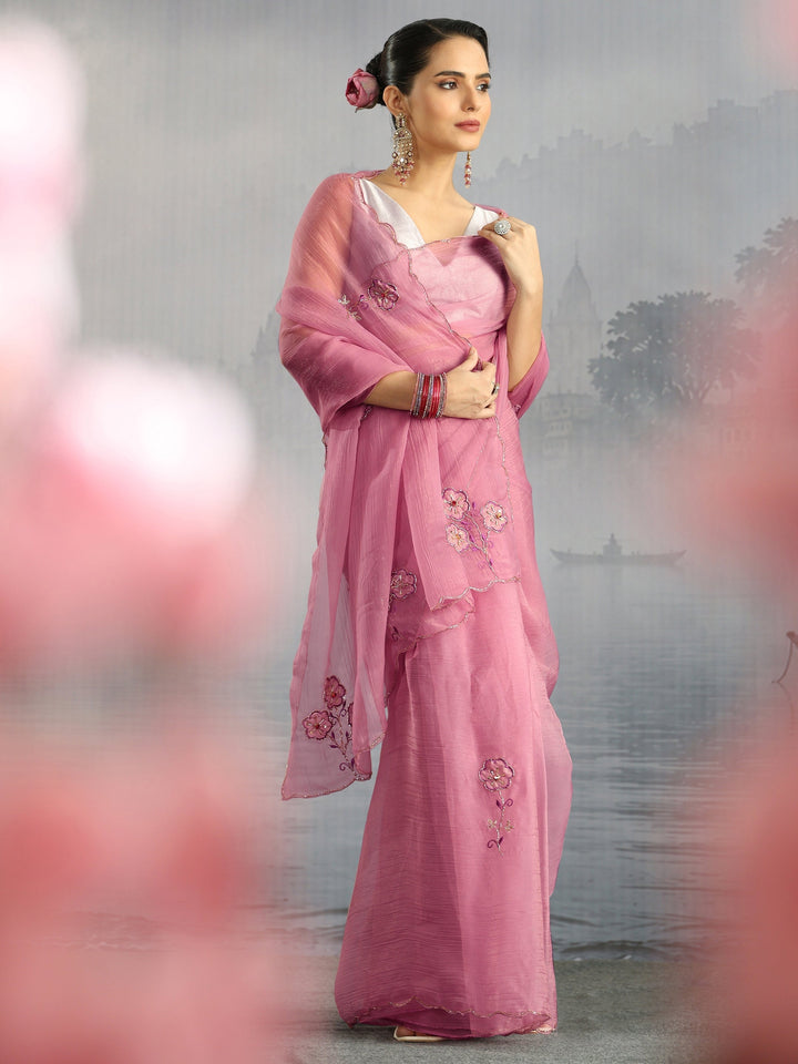 Libas Pink Embellished Organza Saree with Applique Work