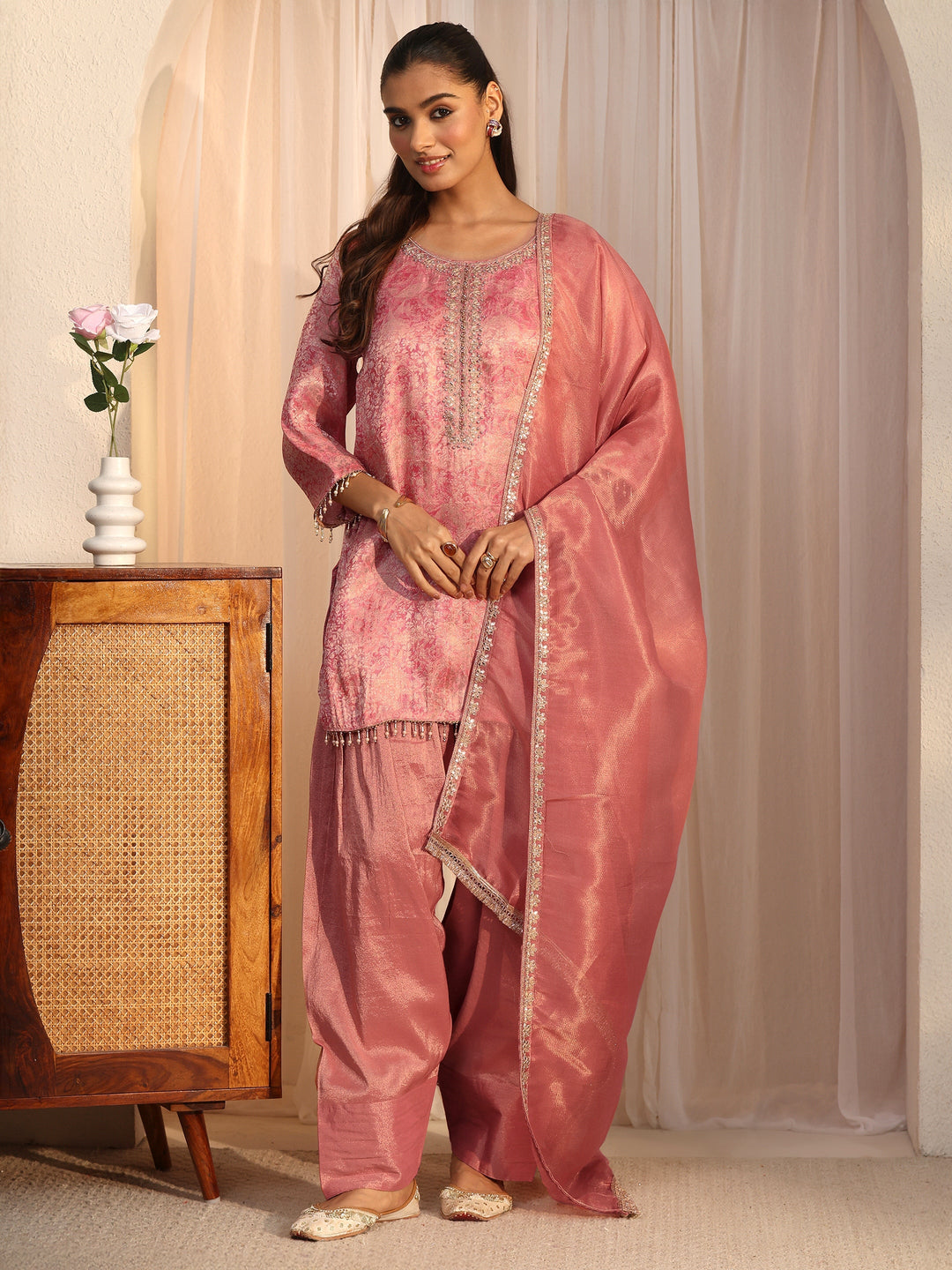 Libas Pink Embellished Silk Blend Farshi Salwar Suit