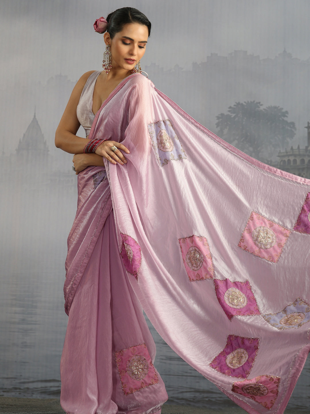 Libas Pink Embellished Tissue Saree with Applique Work