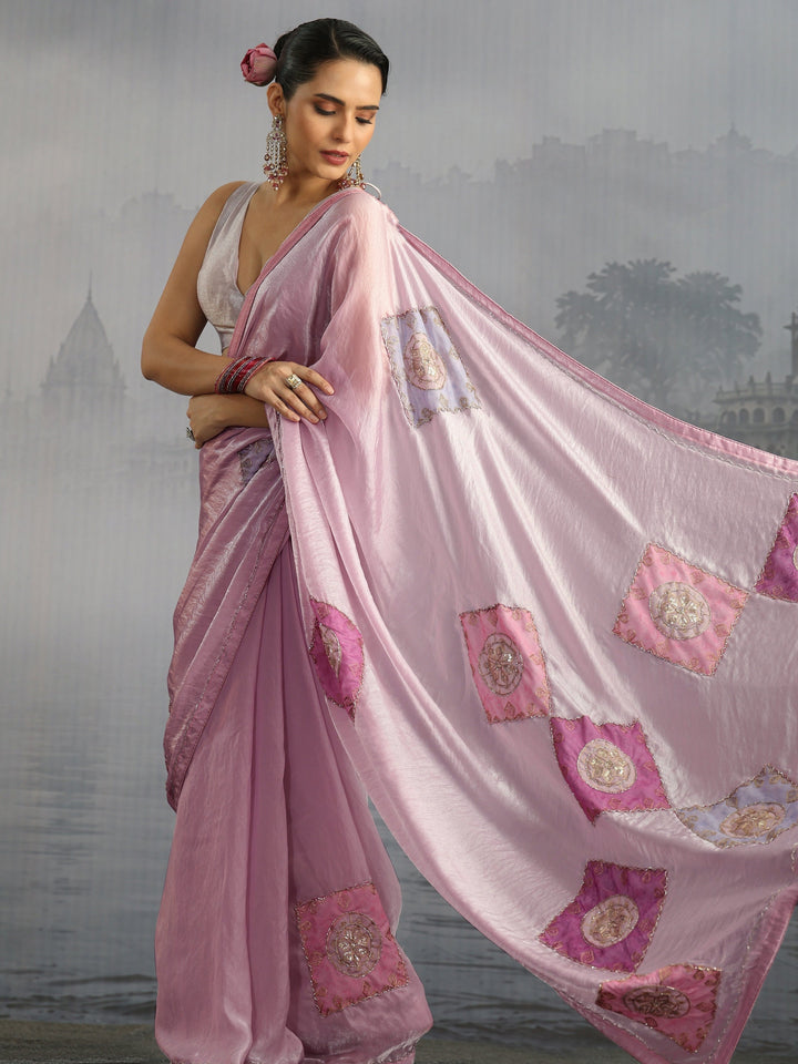 Libas Pink Embellished Tissue Saree with Applique Work