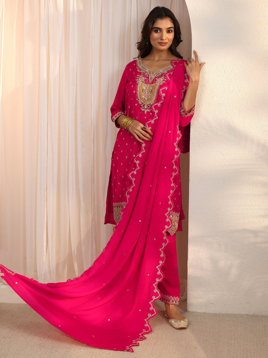 Libas Pink Embroidered Silk Blend Straight Suit Set